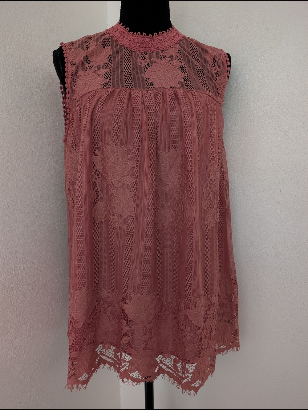 Worthington Rose Pink Lace Overlay Mock Neck Tunic Top L